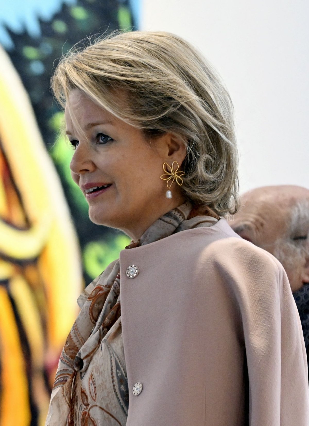 Queen Mathilde of Belgium pictured during a royal visit to the exhibition 'Le monde et l'intime' by the artist Charles Szymkowicz, Friday 01 April 2022, in Liege. The exhibition includes 350 works by the Belgian painter who is considered one of the great names of Expressionism in Europe