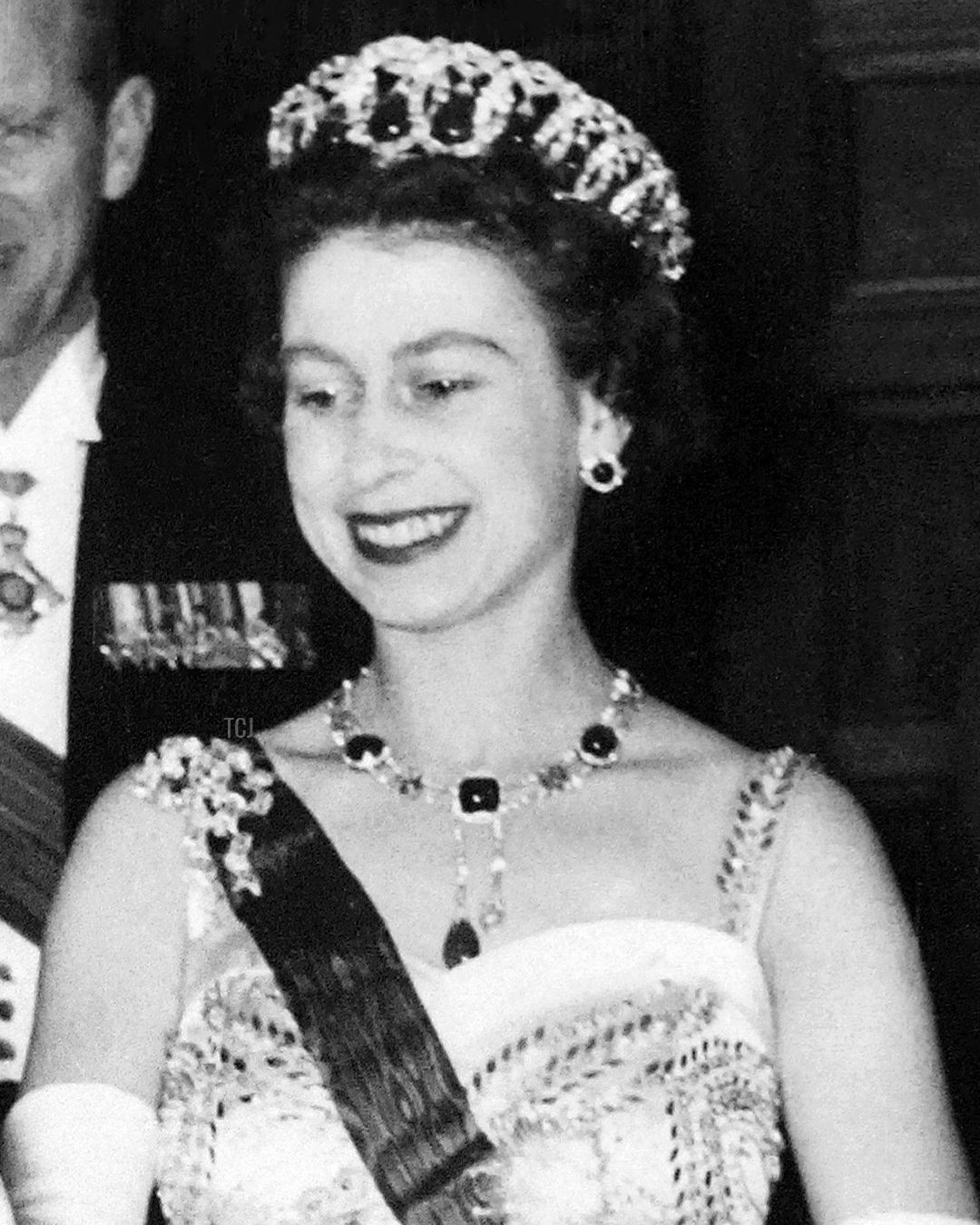 Queen Elizabeth II and Duke of Edinburgh greet French dancers Lyane Dayde and Michel Renault (L) at the Opera Garnier in Paris during a state visit in France on April 9, 1957