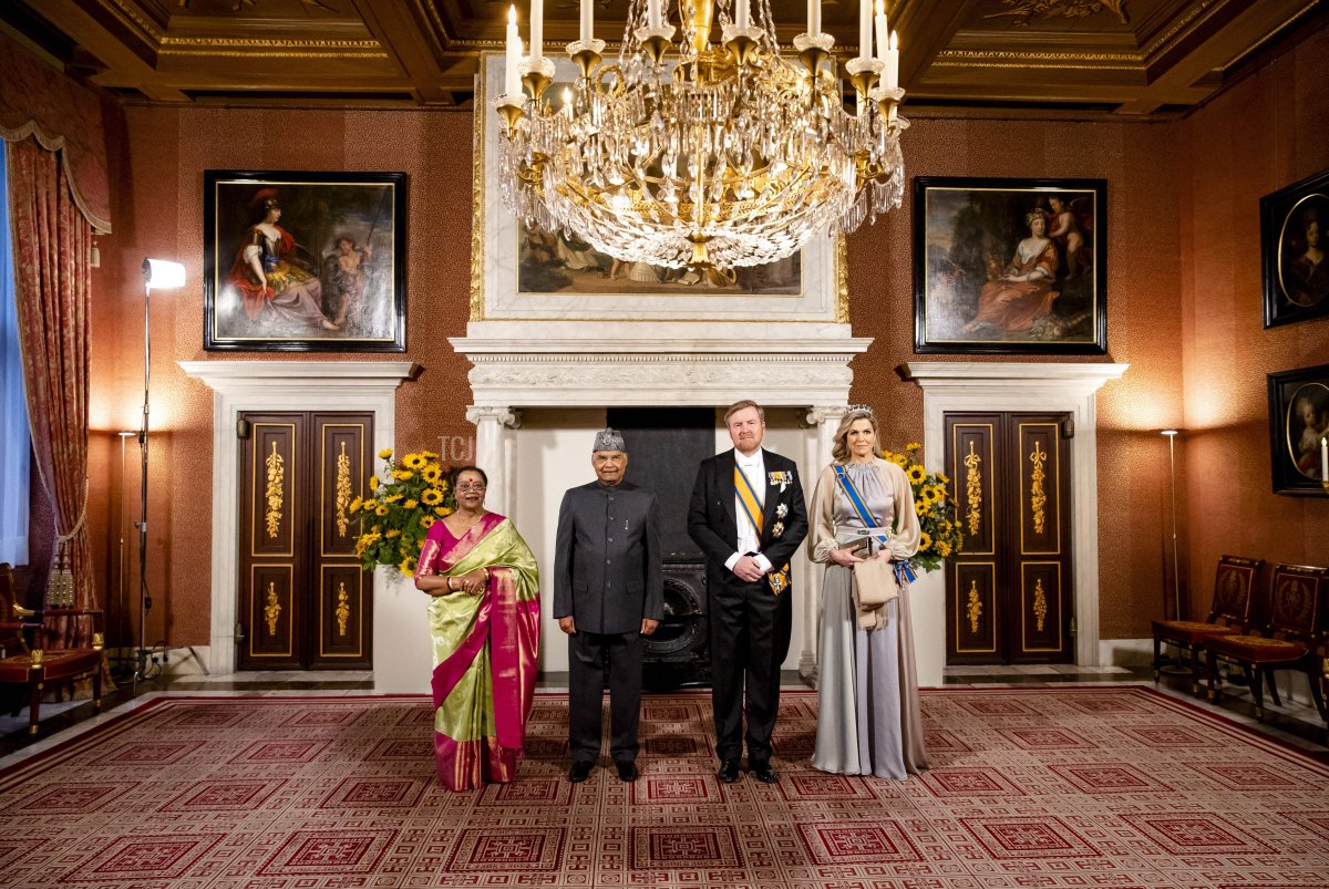 Netherland's King Willem-Alexander (2nd R) and Queen Maxima (R) pose with India's President Ram Nath Kovind (2nd L) and his wife Savita Kovind (L) in Amsterdam on April 5, 2022, on the first day of Kovind's state visit in the Netherlands aimed at broadening the cooperation between the two countries