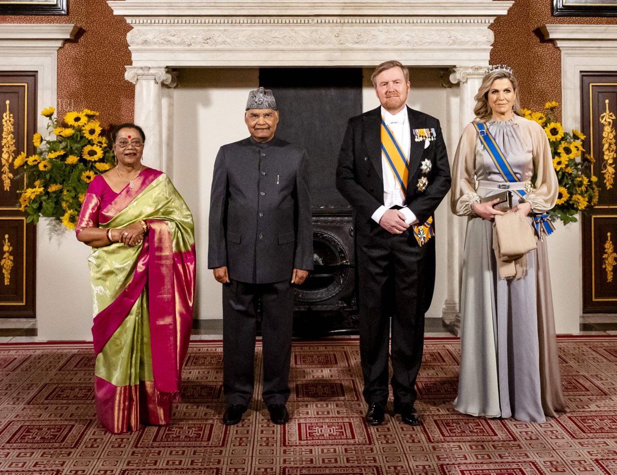 Netherland's King Willem-Alexander (2nd R) and Queen Maxima (R) pose with India's President Ram Nath Kovind (2nd L) and his wife Savita Kovind (L) in Amsterdam on April 5, 2022, on the first day of Kovind's state visit in the Netherlands aimed at broadening the cooperation between the two countries