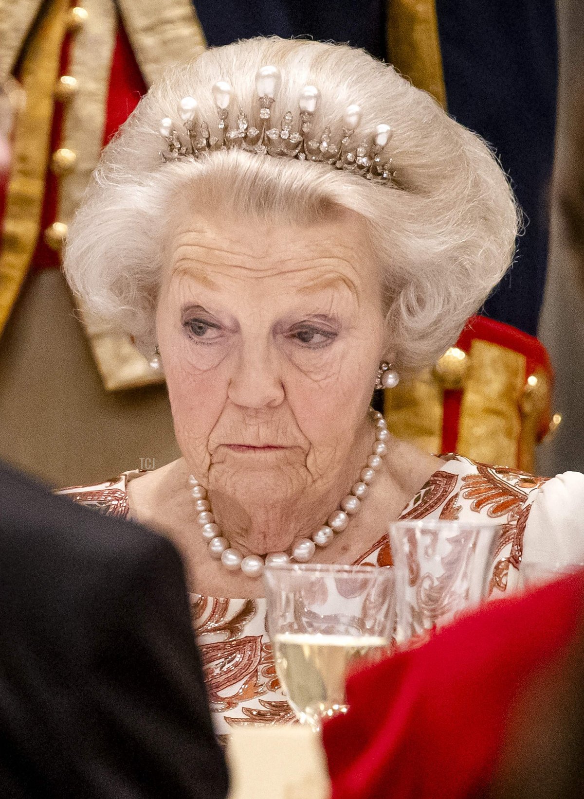 Princess Beatrix attends a state banquet in the Citizens' Hall of the Royal Palace in Amsterdam on April 5, 2022, on the first day of India's Presdient state visit in the Netherlands aimed at broadening the cooperation between the two countries