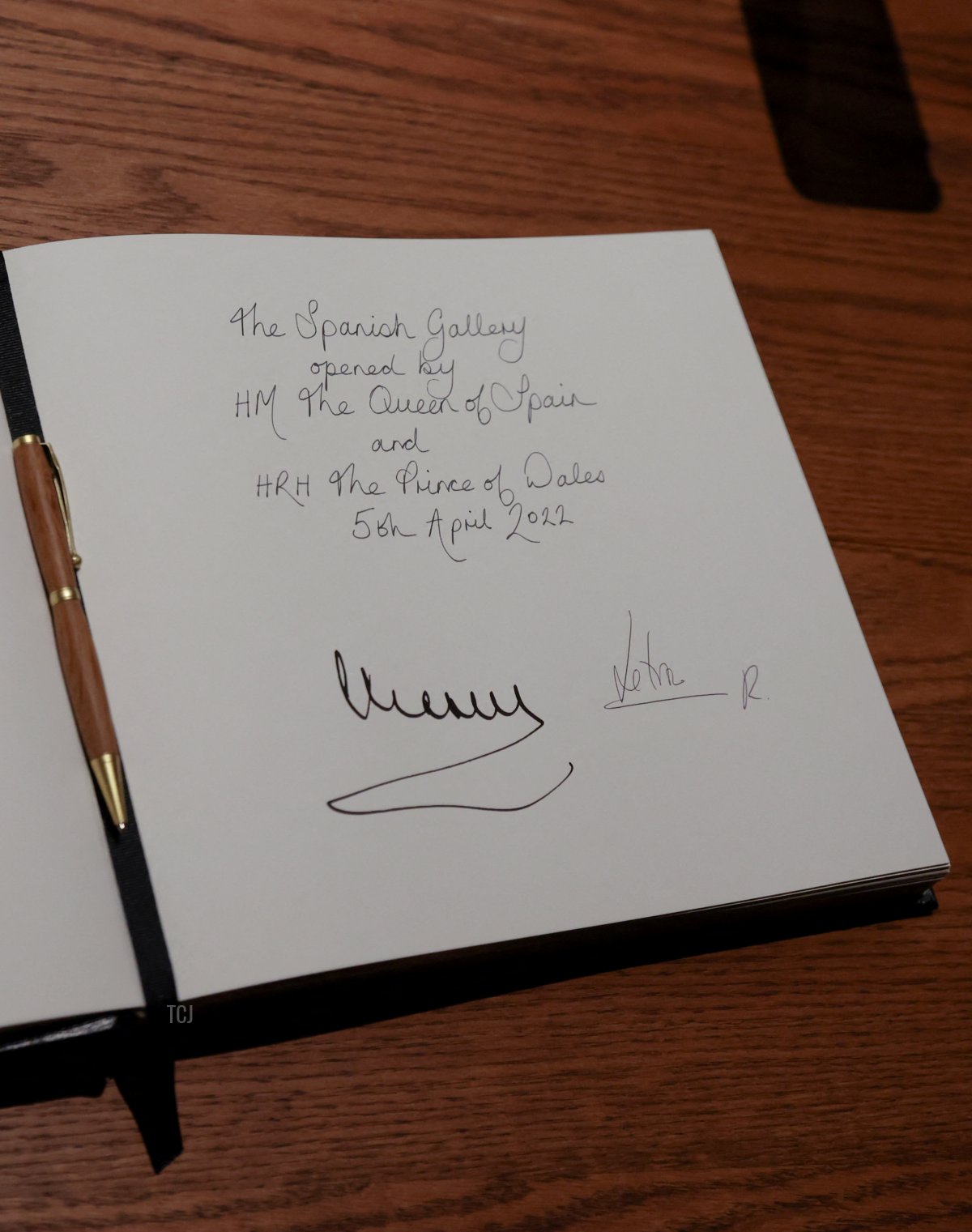 Prince Charles, Prince of Wales and Spain's Queen Letizia's signatures are seen in the visitors book at The Spanish Gallery, on April 5, 2022 in Bishop Auckland, County Durham, England