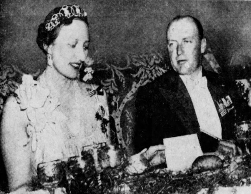 Crown Princess Martha and Crown Prince Olav attend a banquet at the Waldorf-Astoria Hotel in New York, 2 May 1939