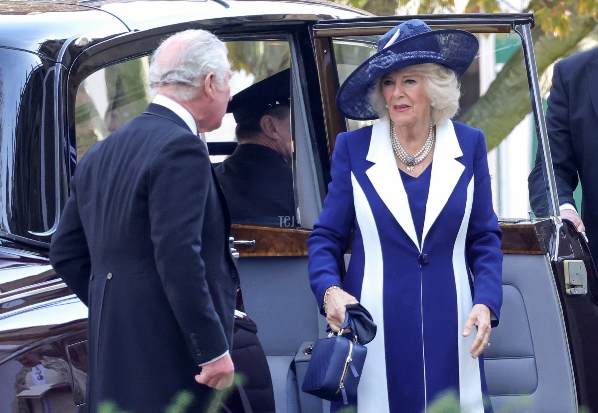 Camilla, Duchess of Cornwall and Prince Charles, Prince of Wales (L) attend the Royal Maundy Service at St George's Chapel on April 14, 2022 in Windsor, England