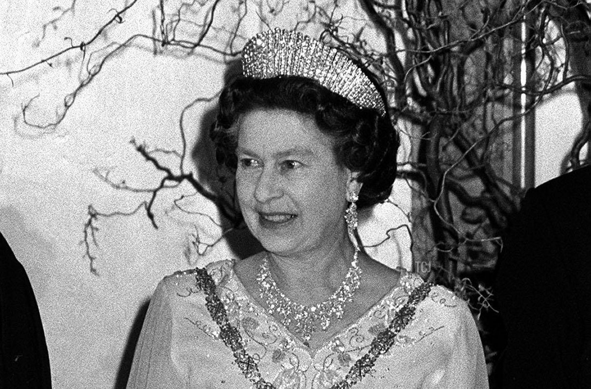 Queen Elizabeth II is greeted by King Fahd of Saudi Arabia at Claridge's Hotel where he gave a banquet