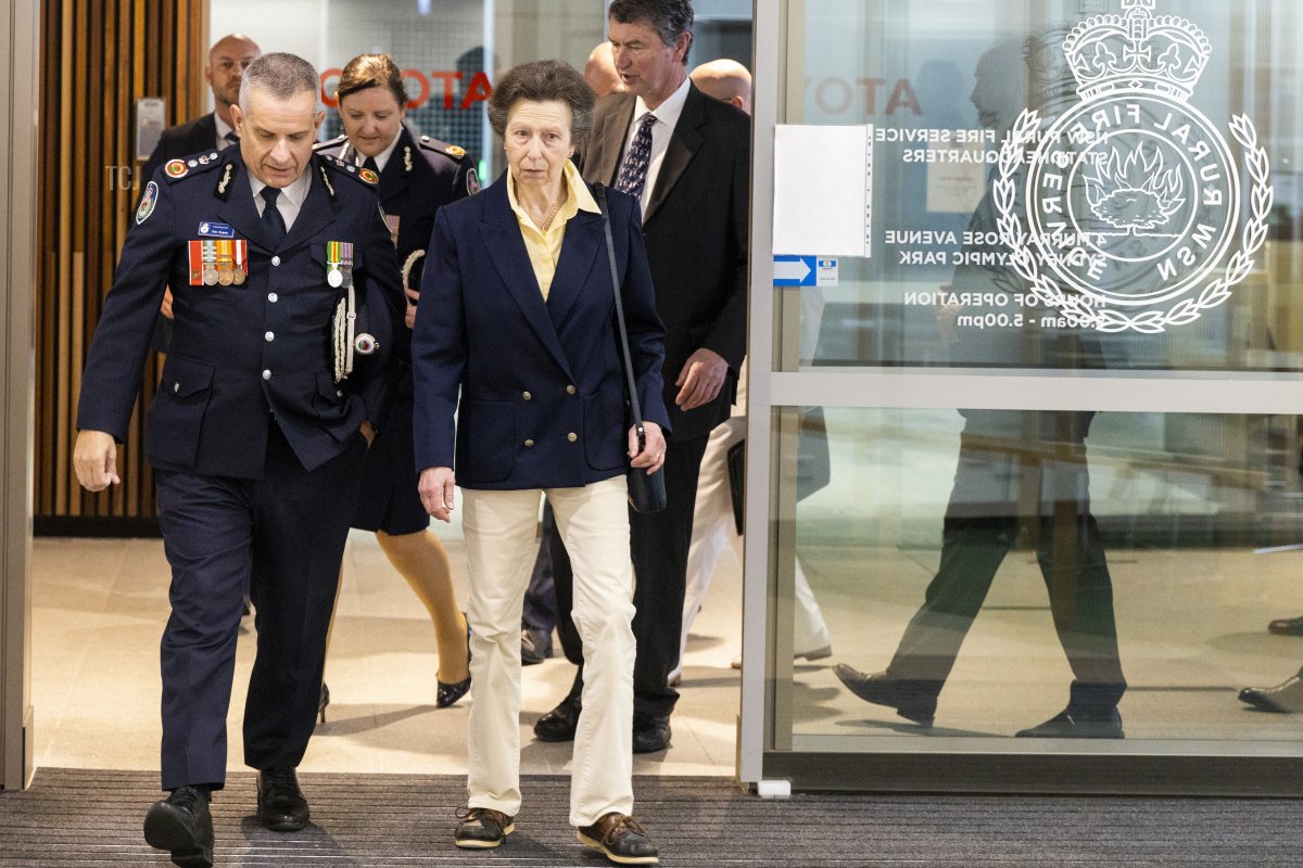 Her Royal Highness Princess Anne, The Princess Royal speaks to NSW RFS Commissioner Rob Rogers on arrival aat the New South Wales Rural Fire Service Headquarters in Homebush on April 10, 2022 in Sydney, Australia