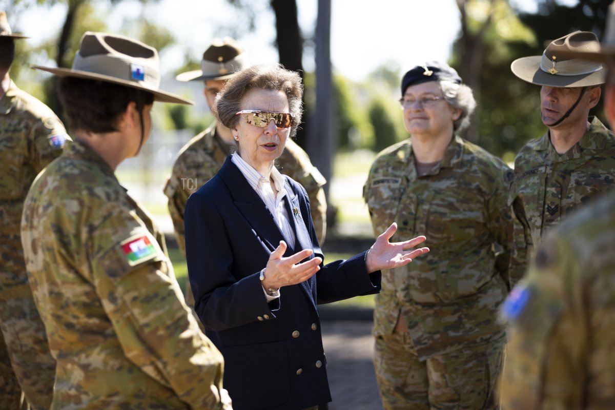 In this handout photo issued by the Australian Department of Defence, Princess Anne, Princess Royal, talks with Australian Army soldiers from 145th Signal Squadron during her visit to Holsworthy Barracks on April 9, 2022 in Sydney, Australia