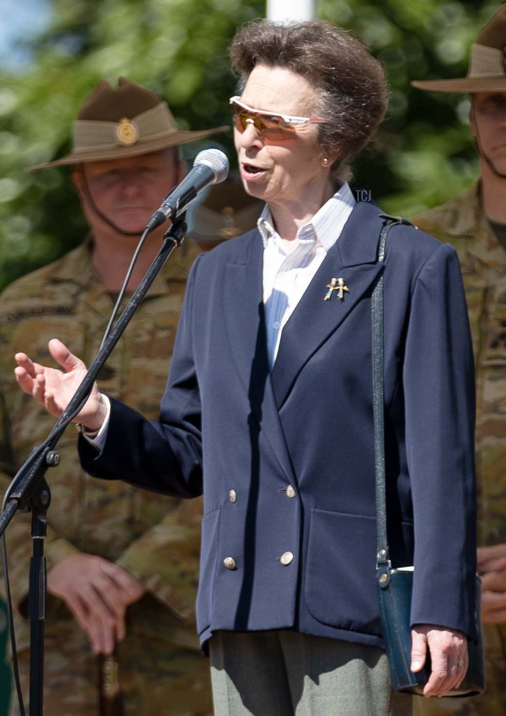 In this handout photo issued by the Australian Department of Defence, Princess Anne, Princess Royal, addresses Australian Army soldiers during her visit to Holsworthy Barracks on April 9, 2022 in Sydney, Australia