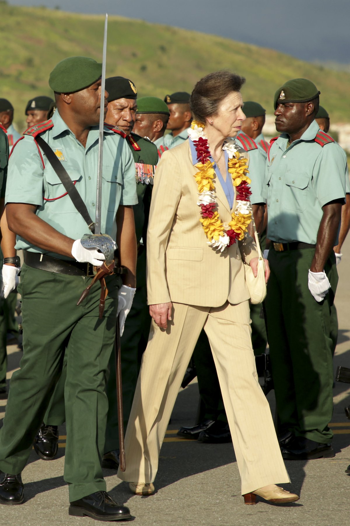 Britain's Princess Anne inspects a guard of honour upon her arrival in Port Moresby on April 11, 2022 during her royal trip to Papua New Guinea in celebration of the Queen's Platinum Jubilee