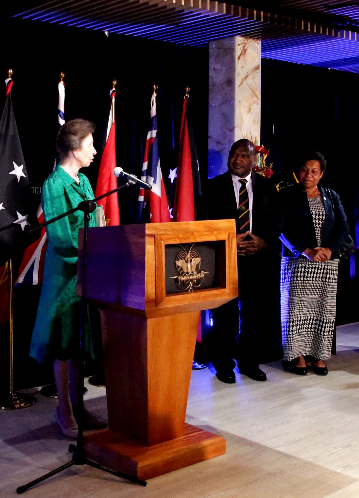 Britain's Princess Anne (C) speaks at a reception for business leaders and politicians in Port Moresby on April 11, 2022 during her royal trip to Papua New Guinea in celebration of the Queen's Platinum Jubilee