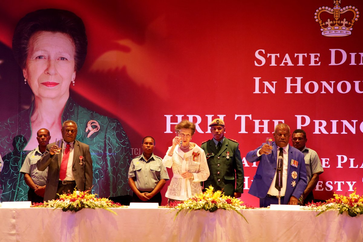 Britain's Princess Anne (C) attends a state dinner in Port Moresby on April 12, 2022, during her royal trip to Papua New Guinea in celebration of the Queen's Platinum Jubilee