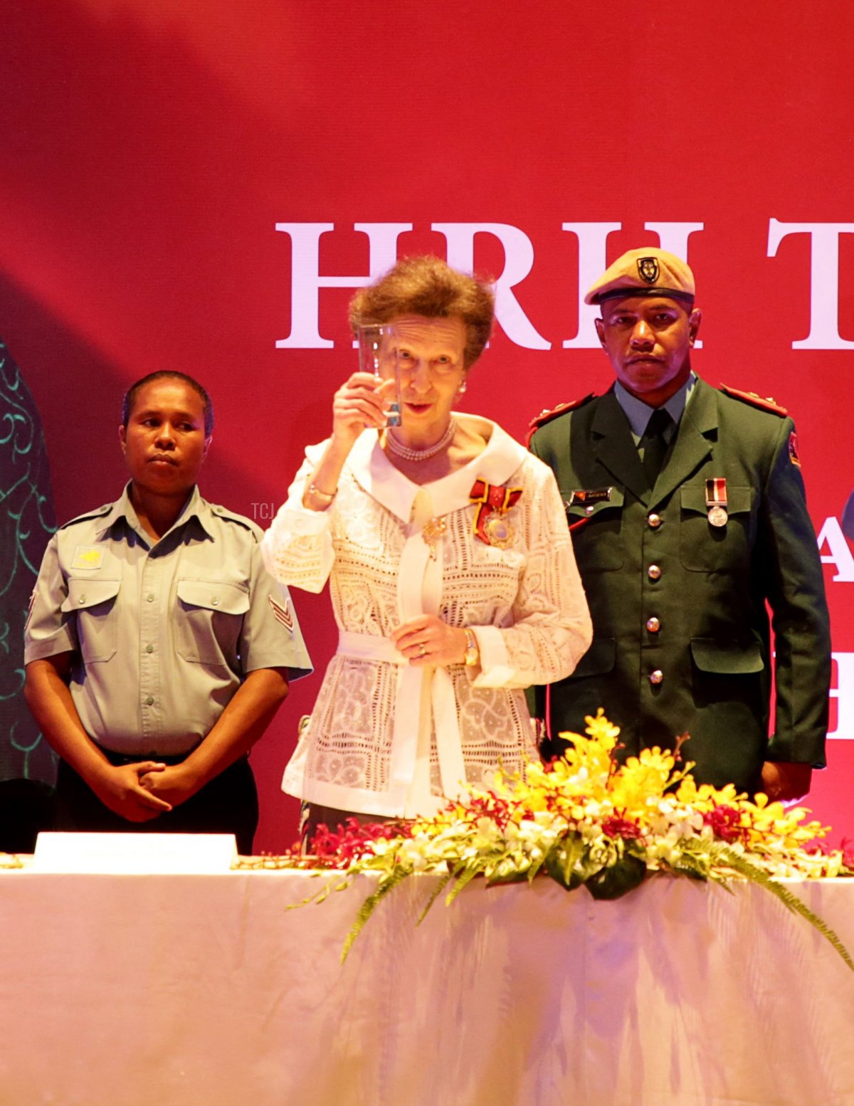 Britain's Princess Anne (C) attends a state dinner in Port Moresby on April 12, 2022, during her royal trip to Papua New Guinea in celebration of the Queen's Platinum Jubilee