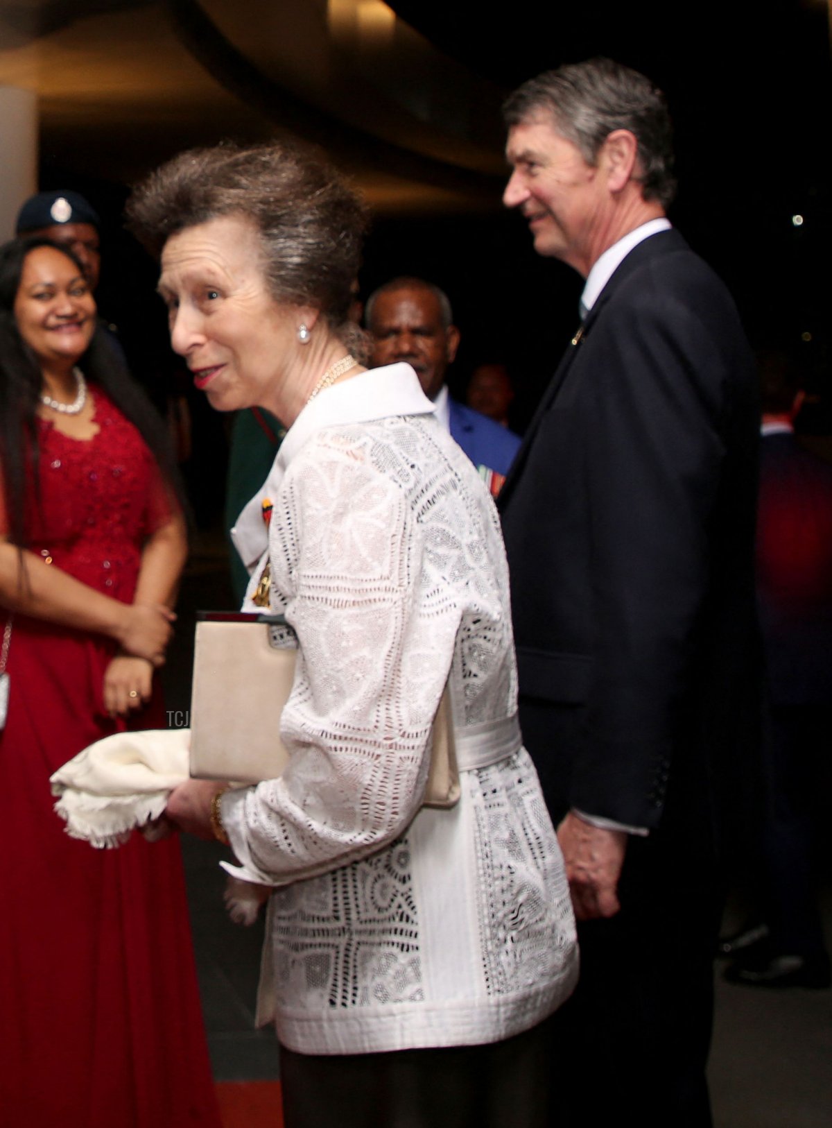 Britain's Princess Anne (2/R) and husband Timothy Laurence (R) arrive for a state dinner in Port Moresby on April 12, 2022, during her royal trip to Papua New Guinea in celebration of the Queen's Platinum Jubilee