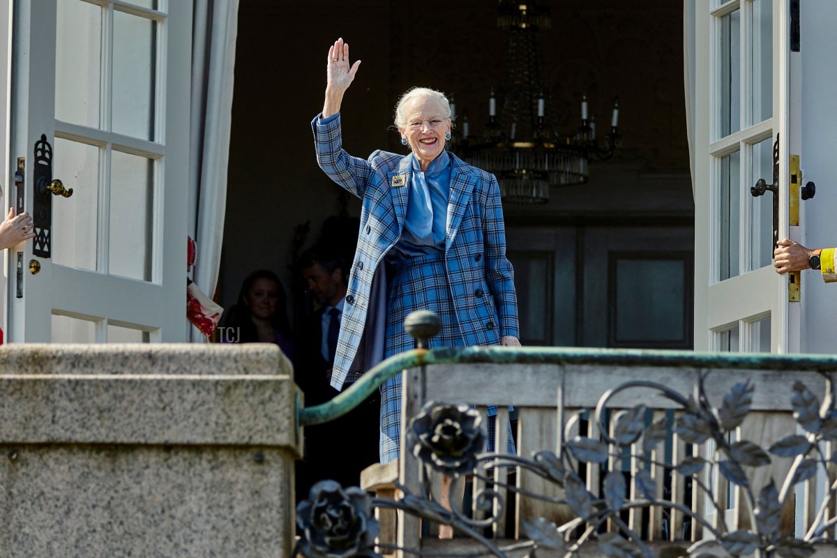 Denmark's Queen Margrethe II greets well-wishers from the balcony of Marselisborg Castle in Aarhus, Denmark, on April 16, 2022, on the occasion of her 82nd birthday