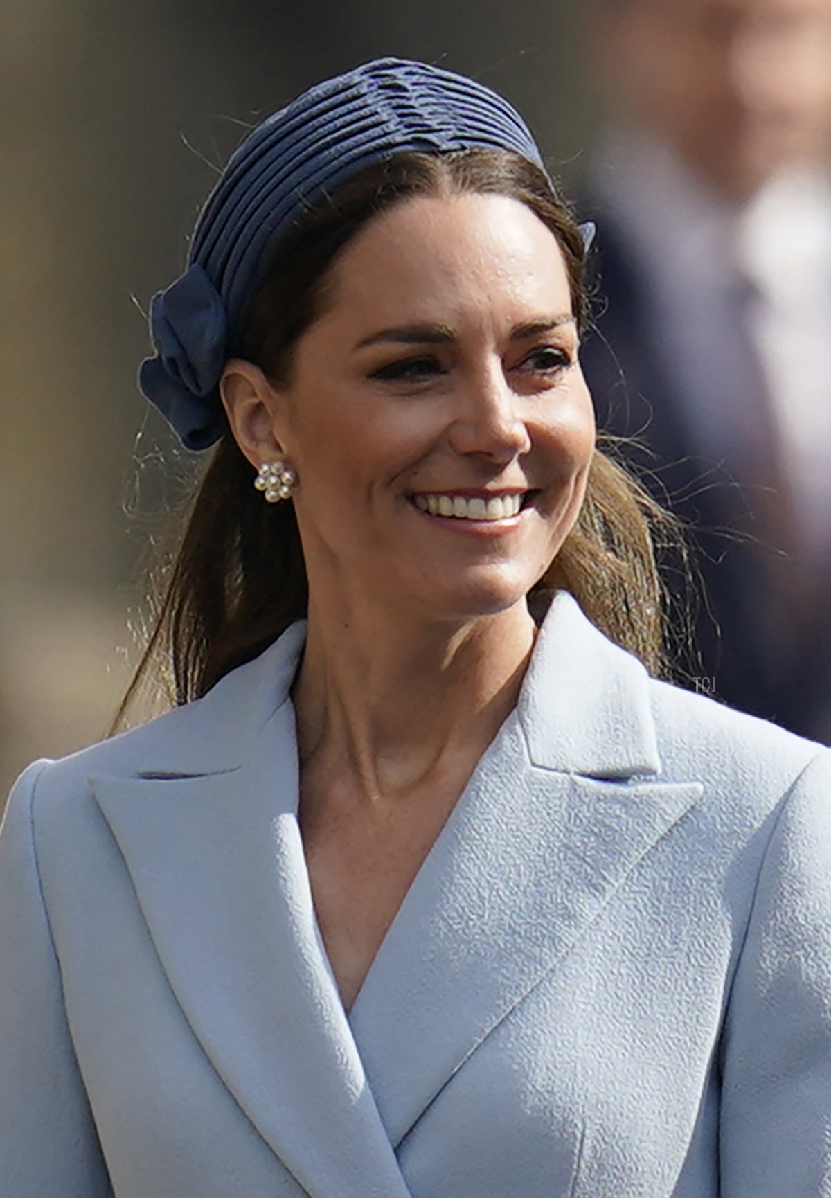 Britain's Catherine, Duchess of Cambridge smiles as she arrive for the Easter Mattins Service at St. George's Chapel, Windsor Castle on April 17, 2022