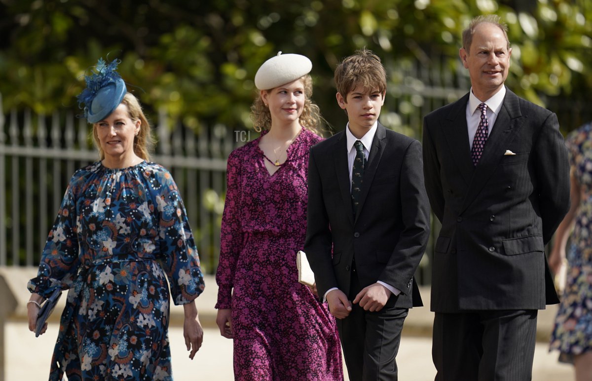 Sophie, Countess of Wessex, Lady Louise Mountbatten-Windsor, James, Viscount Severn and the Prince Edward, Earl of Wessex attend the Easter Matins Service at St George's Chapel at Windsor Castle on April 17, 2022 in Windsor, England