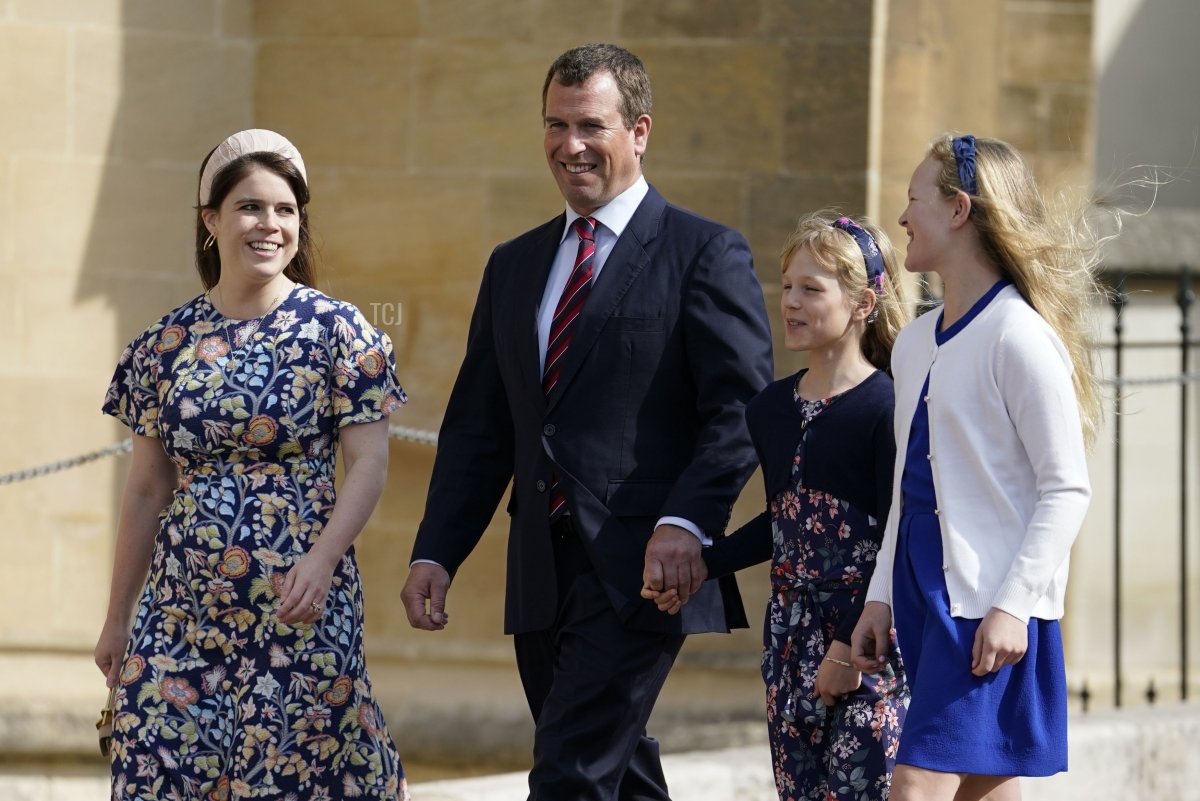 Princess Eugenie, Peter Philips and his daughters Isla Philips and Savannah Philips attend the Easter Matins Service at St George's Chapel at Windsor Castle on April 17, 2022 in Windsor, England