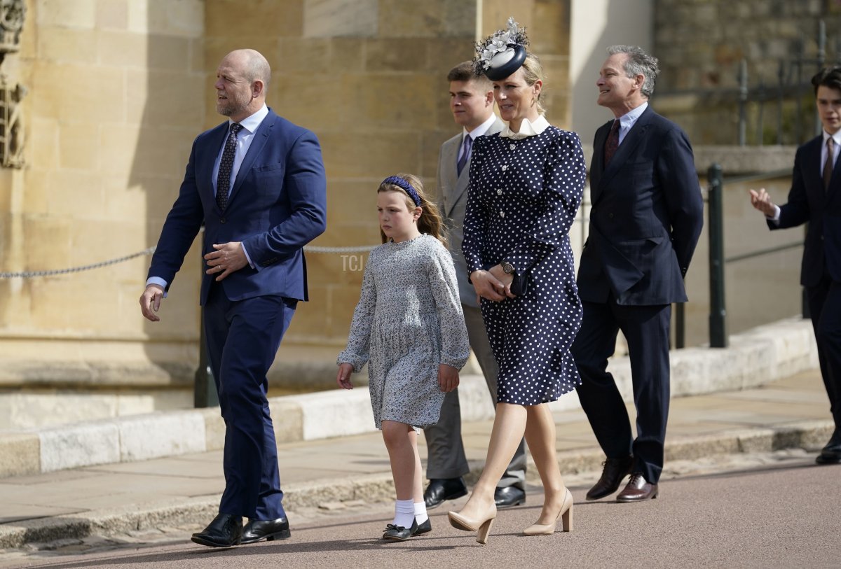 Mike Tindall (L) and Zara Tindall with their daughter Mia Tindall attend the Easter Matins Service at St George's Chapel at Windsor Castle on April 17, 2022 in Windsor, England