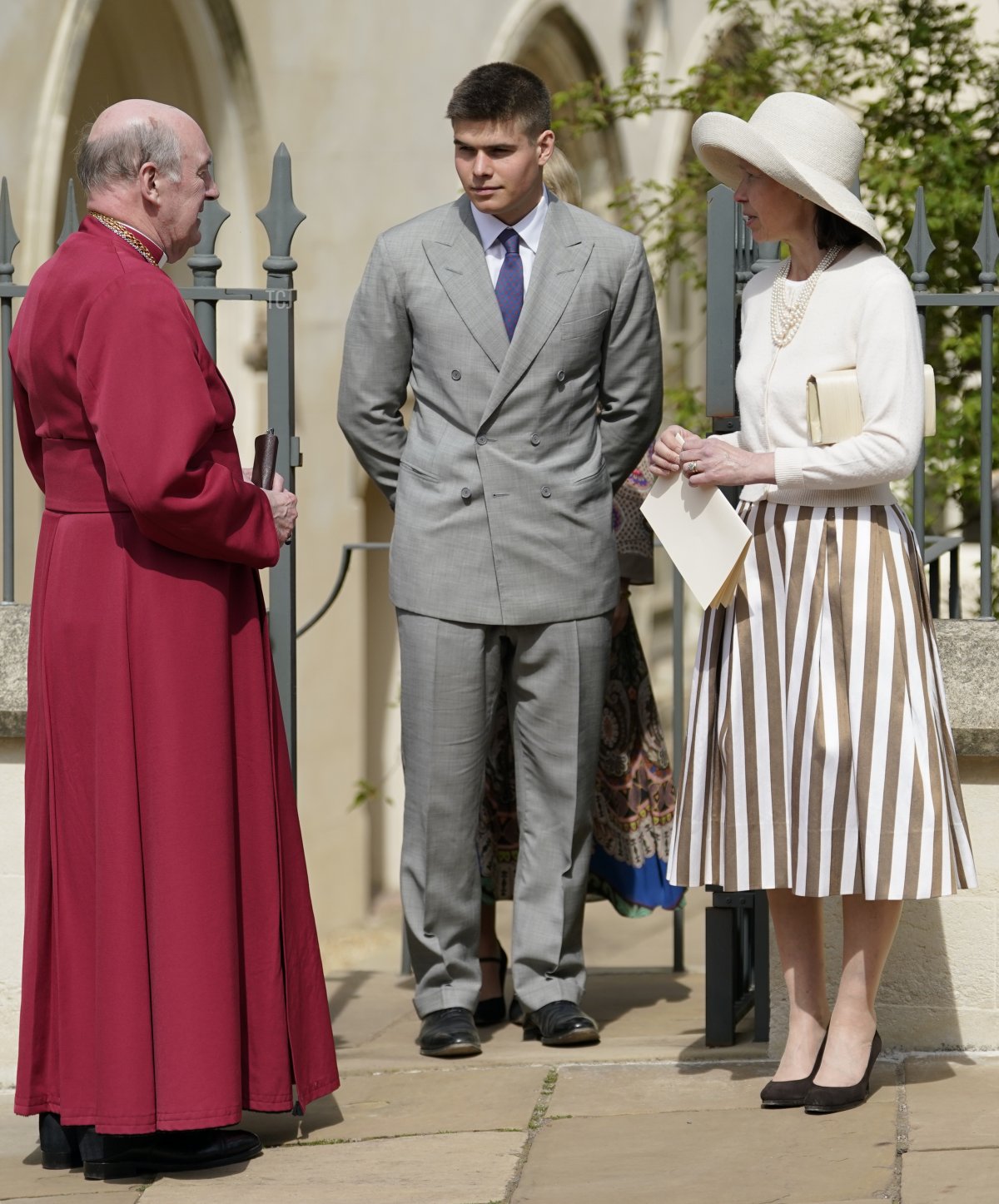 Lady Sarah Chatto (right) and her son Arthur Chatto (centre) speaking to Dean of Windsor, The Right Revd David Conner, as they leave the Easter Matins Service at St George's Chapel at Windsor Castle on April 17, 2022 in Windsor, England