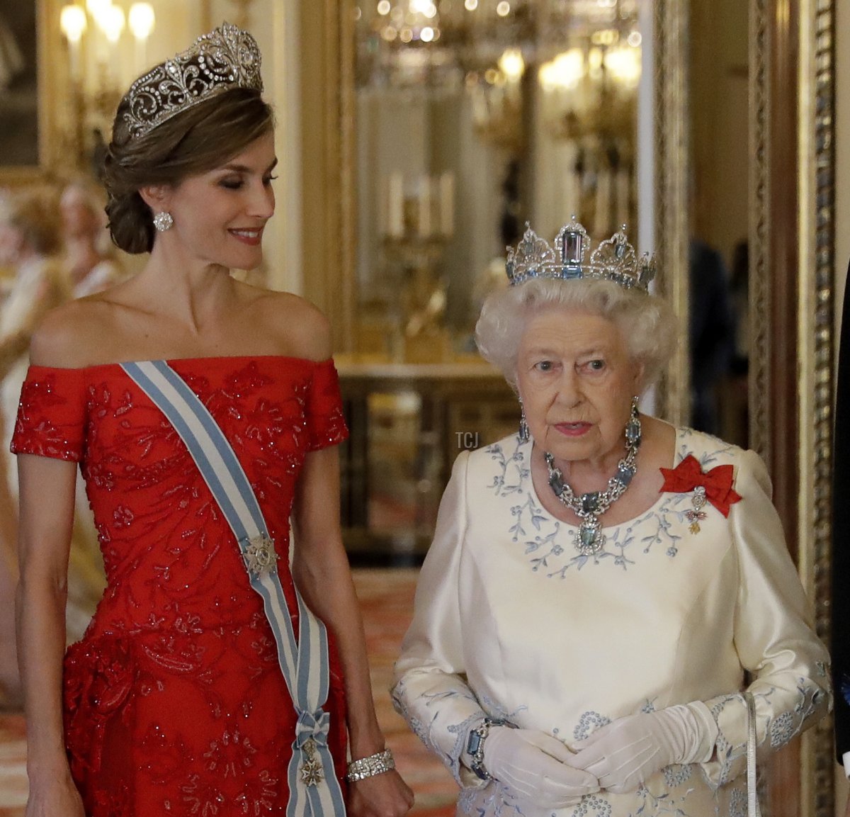 Britain's Queen Elizabeth II and Queen Letizia of Spain pose for a group photograph before a State Banquet at Buckingham Palace on July 12, 2017 in London, England