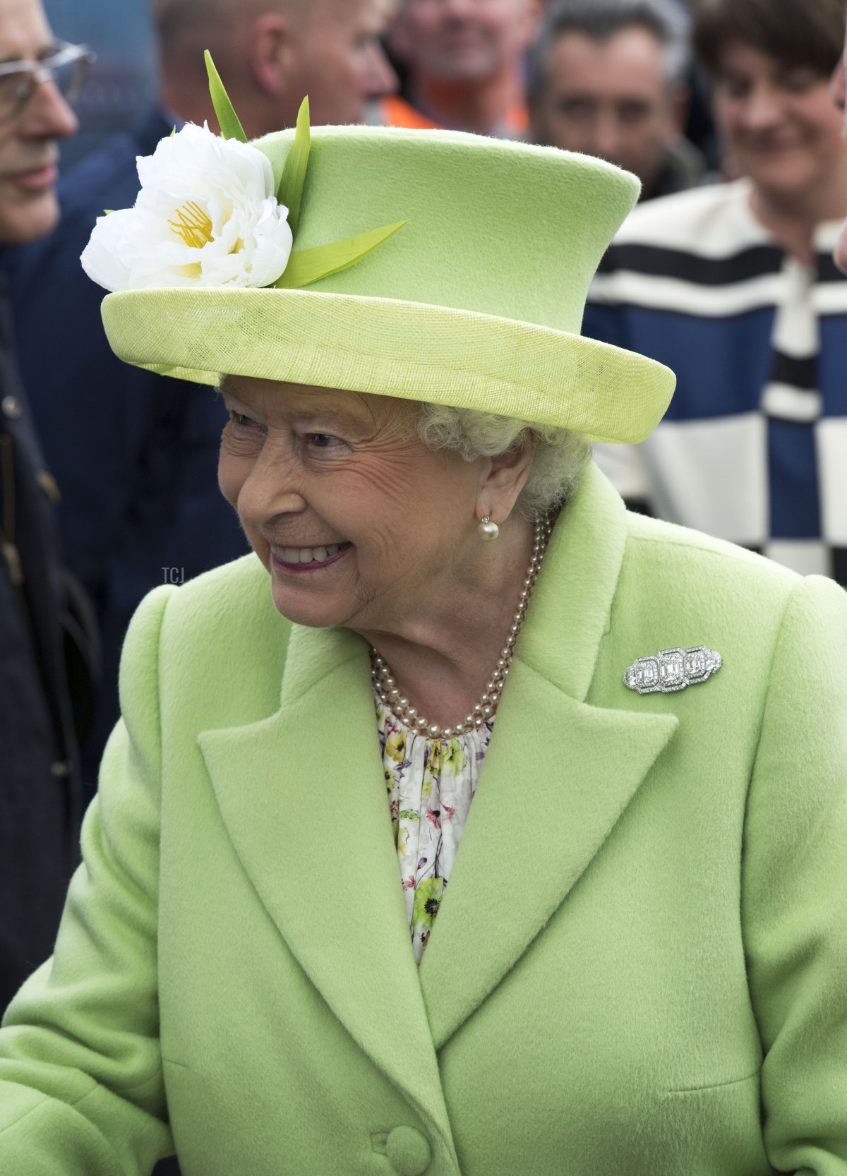 Queen Elizabeth II smiles after arriving on a steam train to open the new Bellarena Railway Station after travelling from Coleraine Railway Station on June 28, 2016 in Bellarena, Northern Ireland