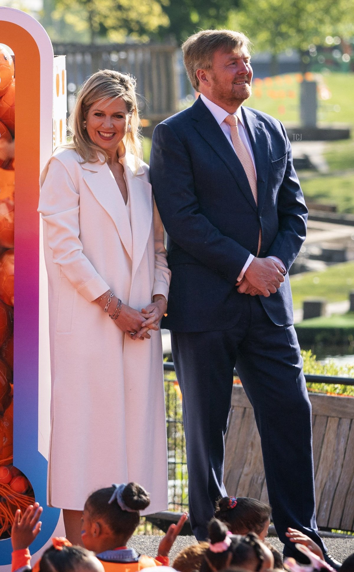 King Willem-Alexander (R) and Queen Maxima (2ndR) take part in the King's Breakfast during the national opening of the 10th edition of the King's Games in Delft, on April 22, 2022