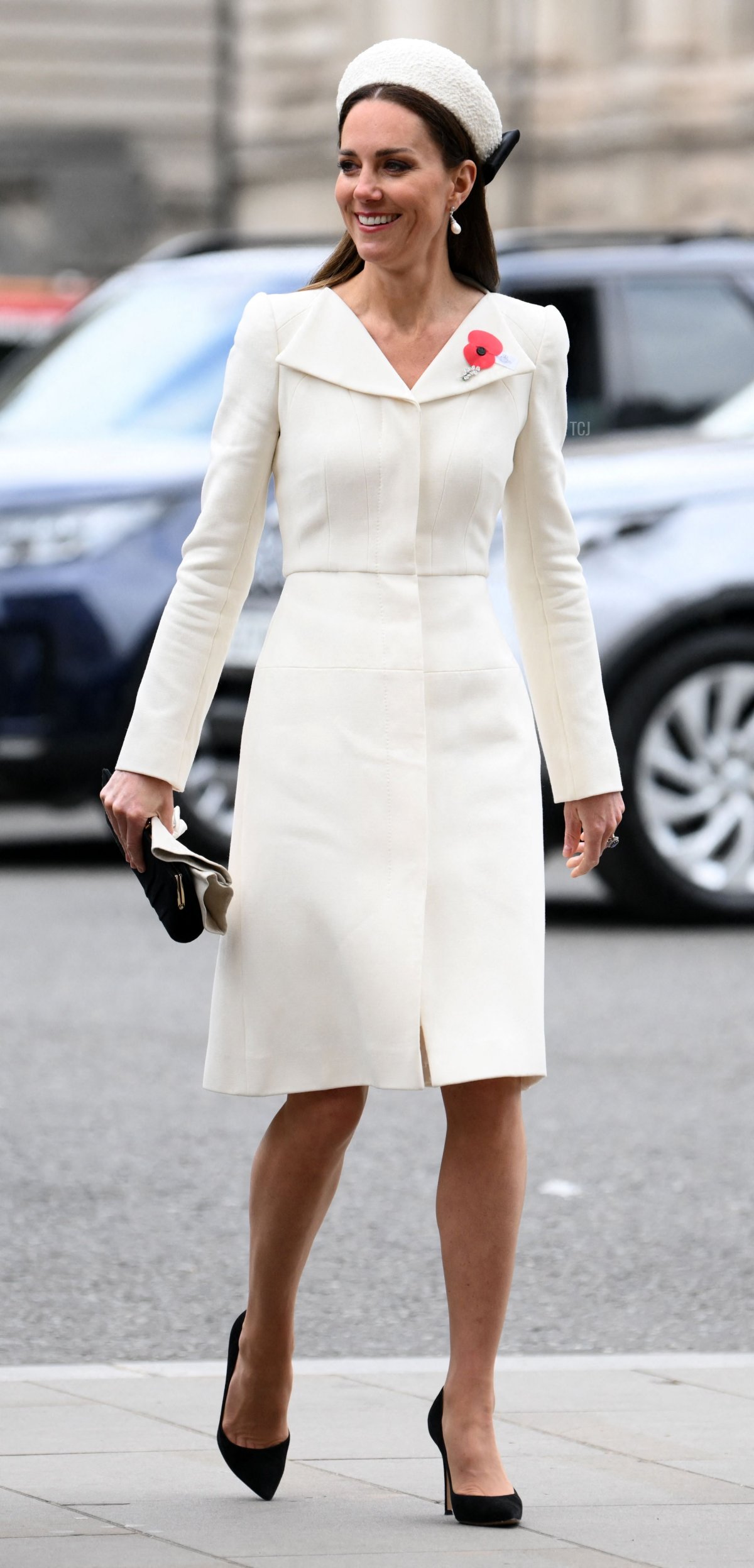 Britain's Catherine, Duchess of Cambridge, arrives to attend a service of commemoration and thanksgiving to mark Anzac Day in Westminster Abbey in London on April 25, 2022