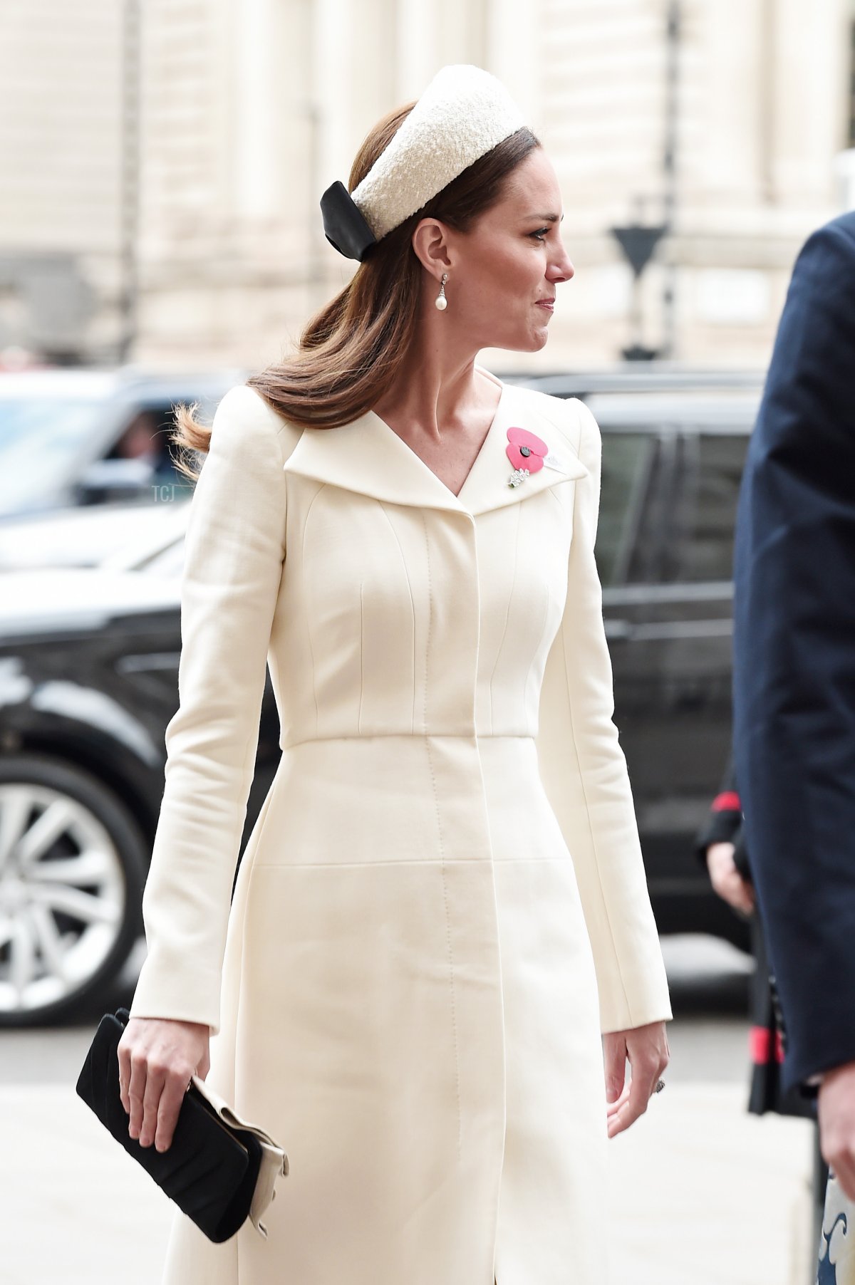 Catherine, Duchess of Cambridge arrives for a Service Of Commemoration and Thanksgiving as part of the ANZAC day services at Westminster Abbey on April 25, 2022 in London, England