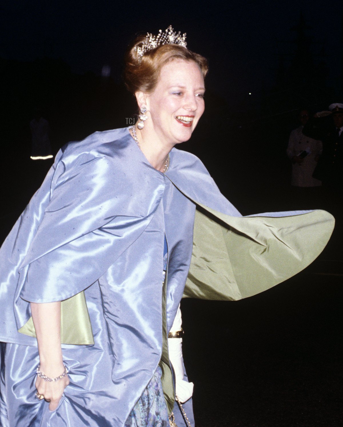 Queen Margrethe of Denmark arrives for a State banquet on board the Royal yacht Britannia during the second day of Queen Elizabeth II's State visit to Denmark, 17 May 1979