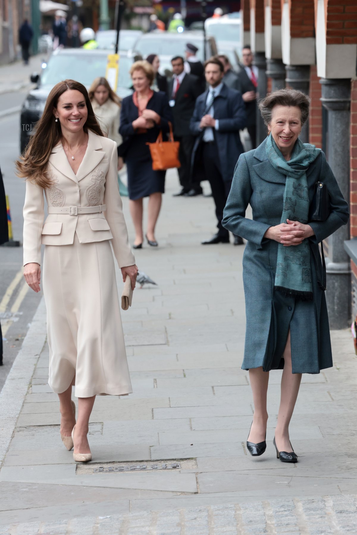 Catherine, Duchess of Cambridge and Princess Anne, Princess Royal arrive at the RCM and RCOG headquarters on April 27, 2022 in London, England