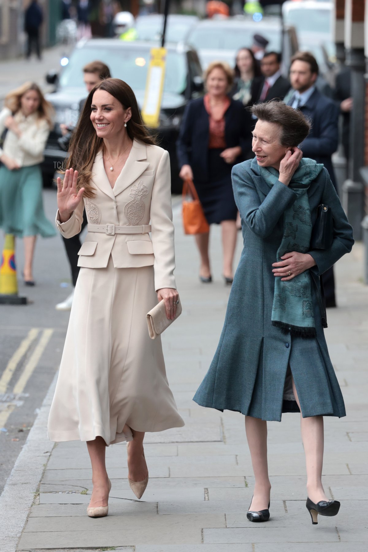 Catherine, Duchess of Cambridge and Princess Anne, Princess Royal arrive at the RCM and RCOG headquarters on April 27, 2022 in London, England