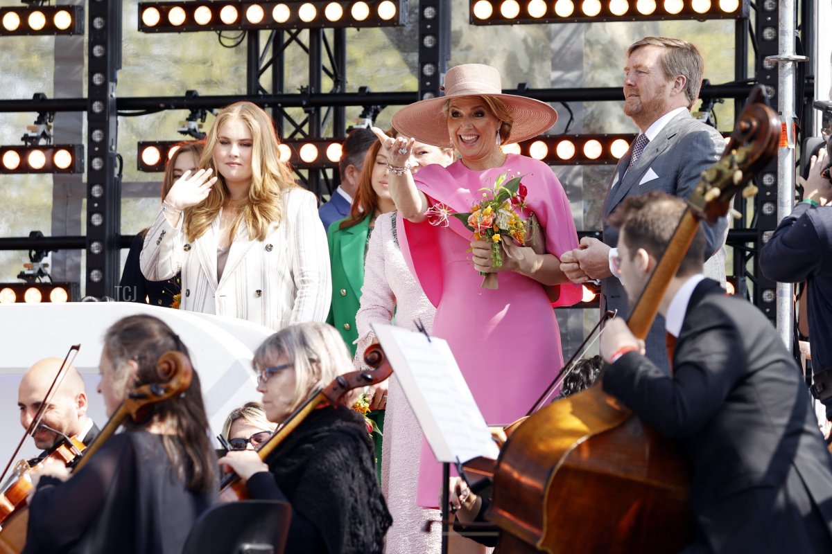 King Willem-Alexander (R), Queen Maxima ( 2nd - R) princesses Amalia, Alexia and Ariane listen to a music performance during King's Day in Maastricht, on April 27, 2022