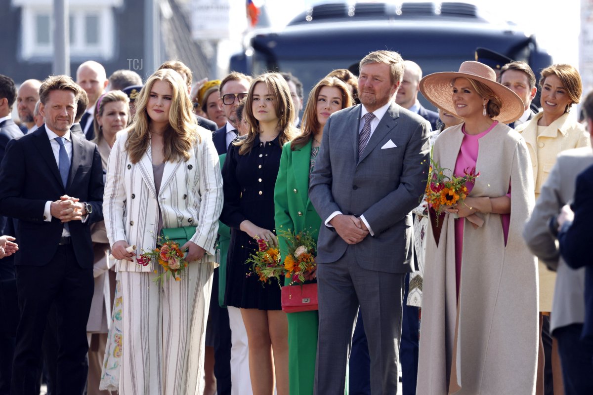 King Willem-Alexander (2nd R) of the Netherlands, Queen Maxima (R) and princesses Ariane (3rd L), Alexia (C) and Amalia (L) attend a gathering for King's Day in Maastricht, on April 27, 2022