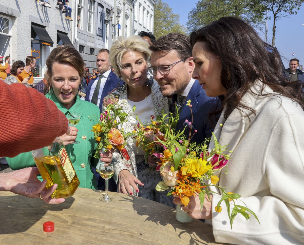 Princess Anette, Princess Laurentien, Prince Constantijn, Princess Anita of the Netherlands have a drink during a gathering for King's Day in Maastricht, on April 27, 2022