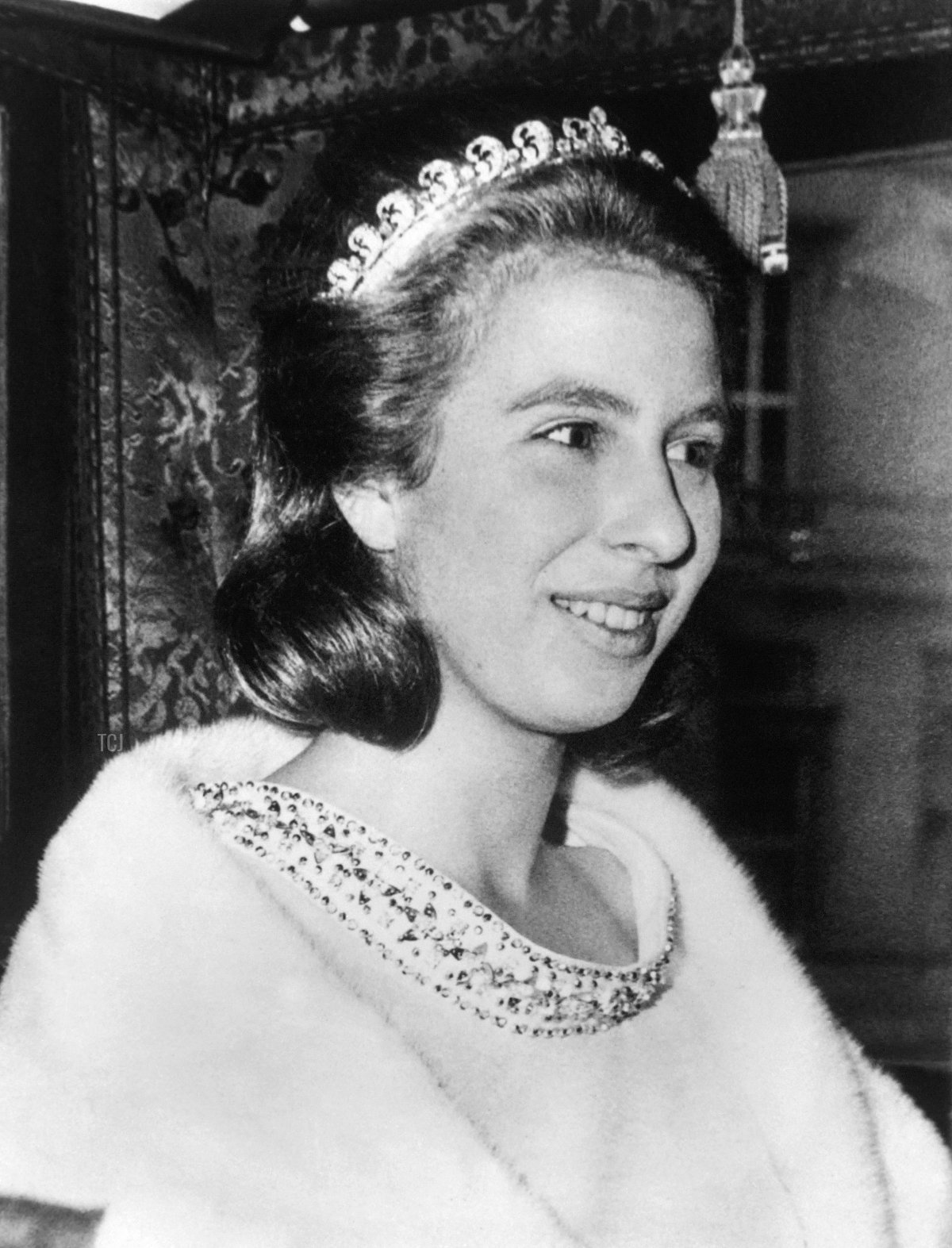 Headshot taken on November 1, 1967 in London of Britain's crowned Princess Anne, on November 1, 1967 at the opening of the parliament