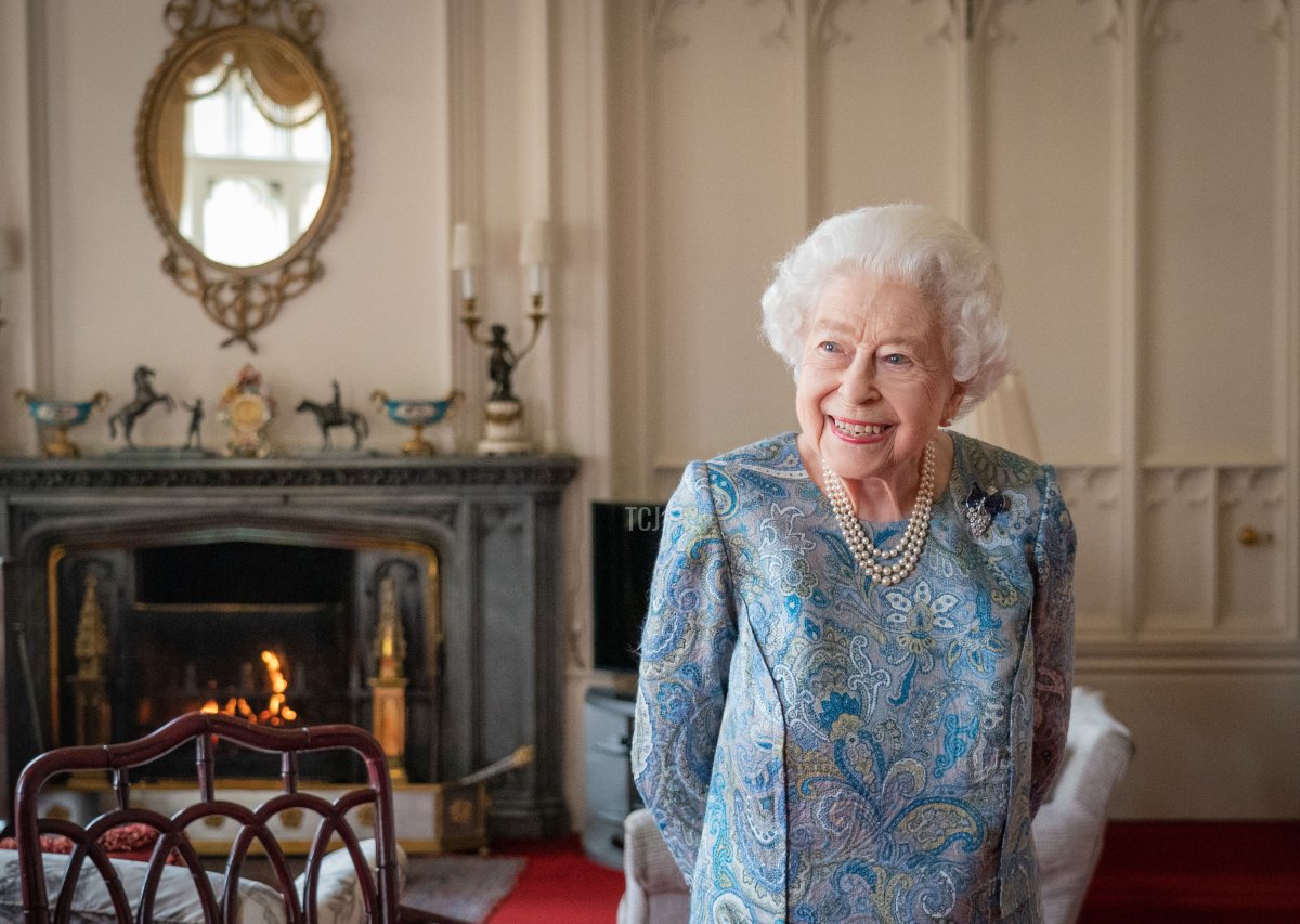 Queen Elizabeth II attends an audience with the President of Switzerland Ignazio Cassis (Not pictured) at Windsor Castle on April 28, 2022 in Windsor, England