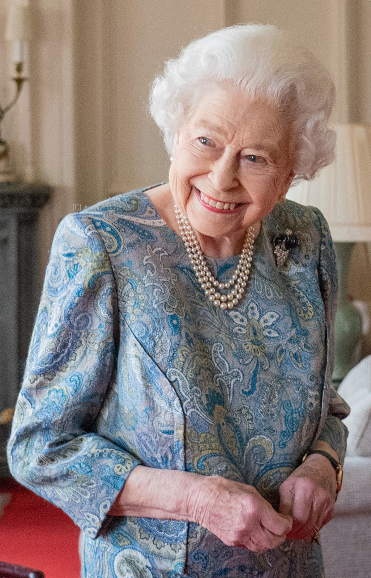 Queen Elizabeth II attends an audience with the President of Switzerland Ignazio Cassis (Not pictured) at Windsor Castle on April 28, 2022 in Windsor, England