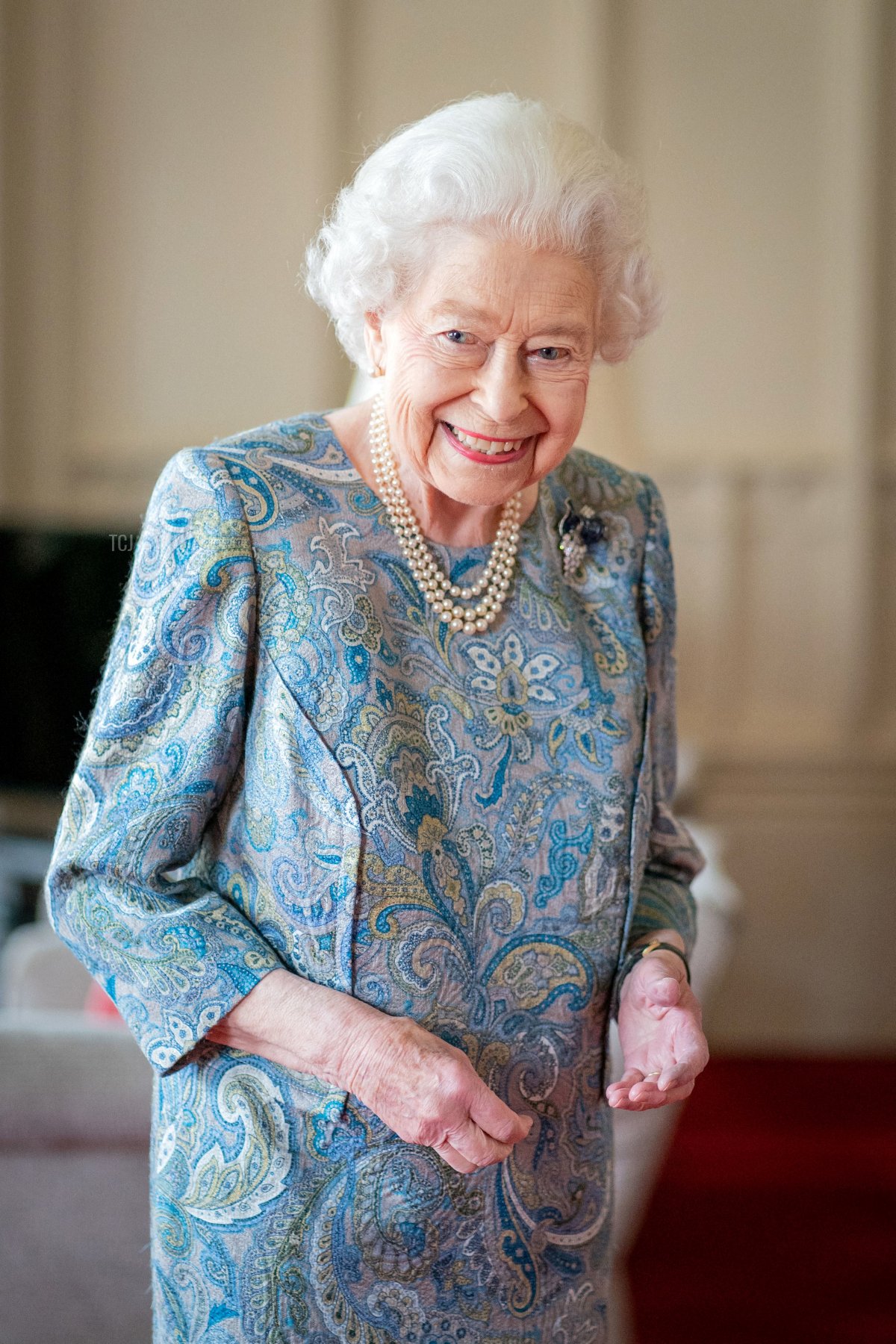 Queen Elizabeth II attends an audience with the President of Switzerland Ignazio Cassis (Not pictured) at Windsor Castle on April 28, 2022 in Windsor, England