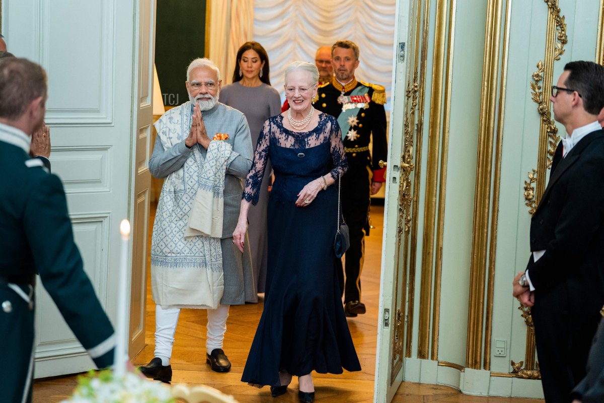 India's Prime Minister Narendra Modi (L) arrivs with Queen Margrethe of Denmark, followed by her son crownprince Frederik (R) and his wife crownprincess Mary for an official audience at Amalienborg Castle in Copenhagen, Denmark, on May 3, 2022