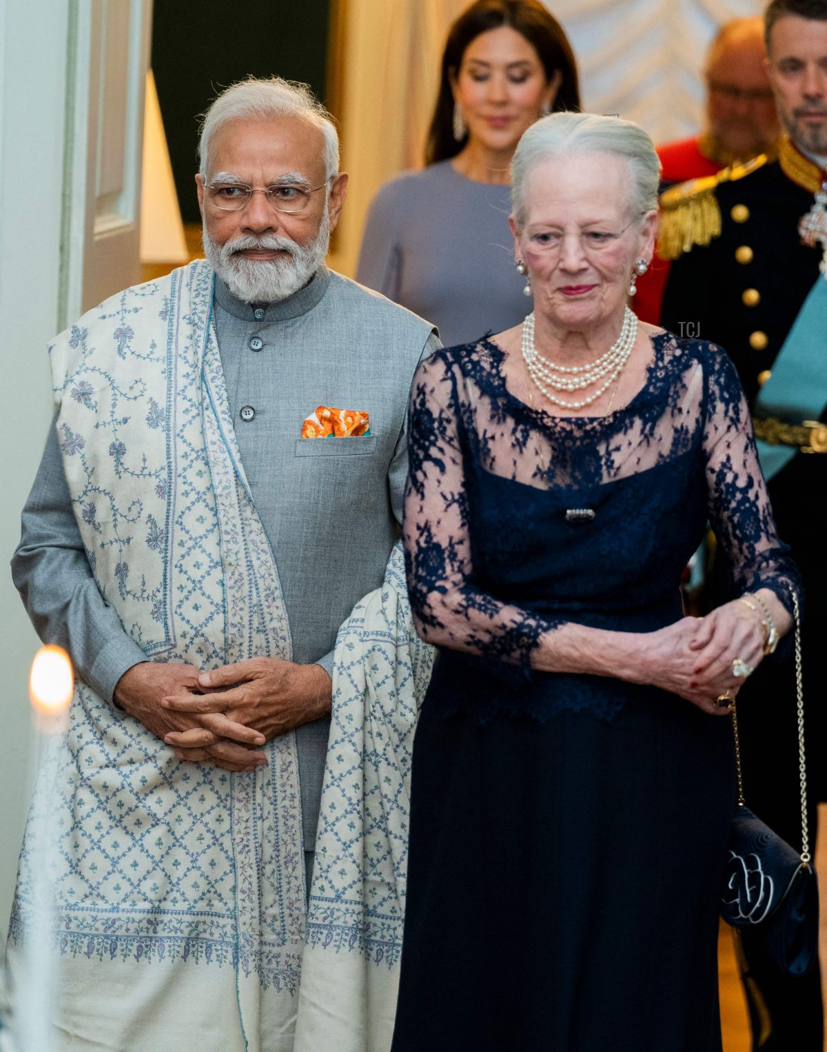 India's Prime Minister Narendra Modi (L) arrivs with Queen Margrethe of Denmark, followed by her son crownprince Frederik (R) and his wife crownprincess Mary for an official audience at Amalienborg Castle in Copenhagen, Denmark, on May 3, 2022