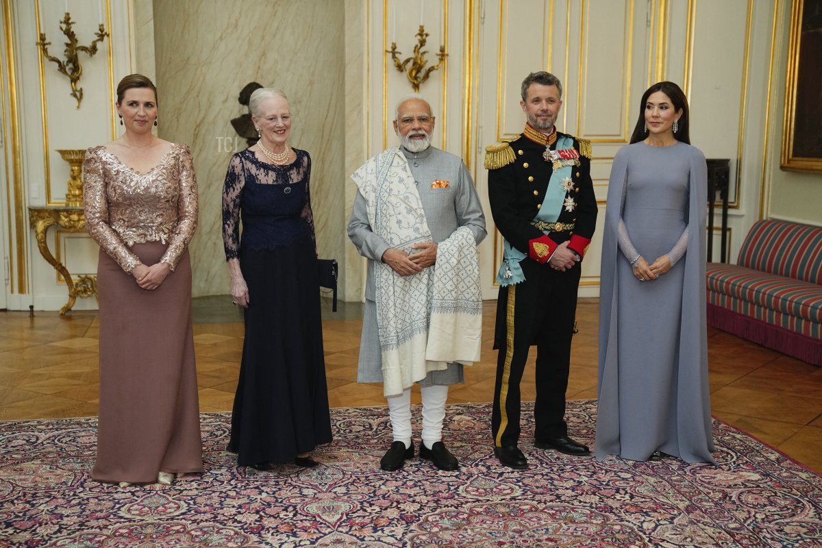 India's Prime Minister Narendra Modi (C) poses for a photo with (from L-R) Danish Prime Minister Mette Frederiksen, Queen Margrethe of Denmark, her son crownprince Frederik and his wife crownprincess Mary at an official audience at Amalienborg Castle in Copenhagen, Denmark, on May 3, 2022