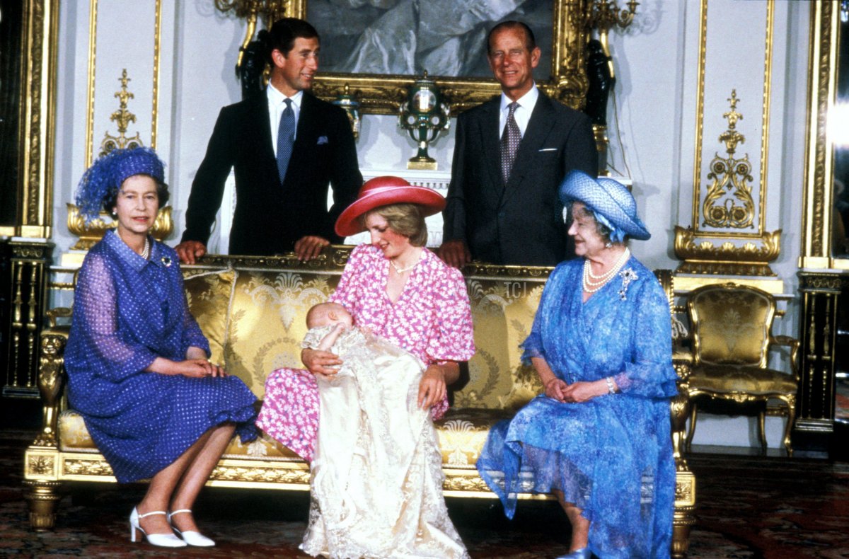 Christening of the first son, William, of Prince Charles and 4 August 1982 - Princess of Wales (Lady Diana Spencer) 29 July 1981 - Buckingham Palace. Diana is flanked by Queen Elizabeth the Queen Mother (grandmother to Prince Charles and mother to Queen Elizabeth II) and Queen Elizabeth II (mother of Prince Charles and mother-in-law to Diana). In the photo behind are PrincePhilip the Duke of Edinburgh, and Prince Charles, the Prince of Wales