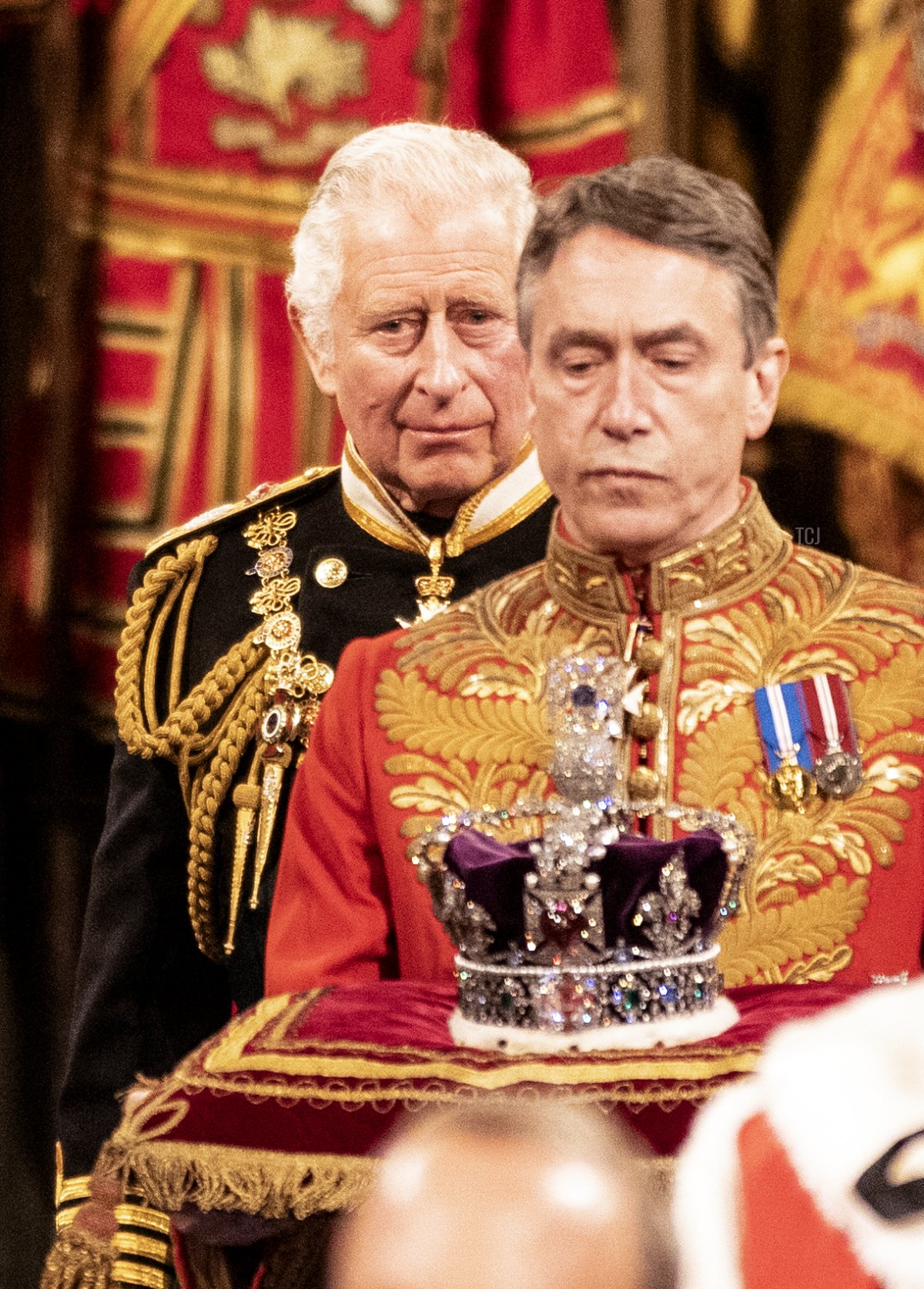 Prince Charles, Prince of Wales processes along the Royal gallery during the ceremonial state opening of Parliament at the Palace of Westminster on May 10, 2022 in London, England
