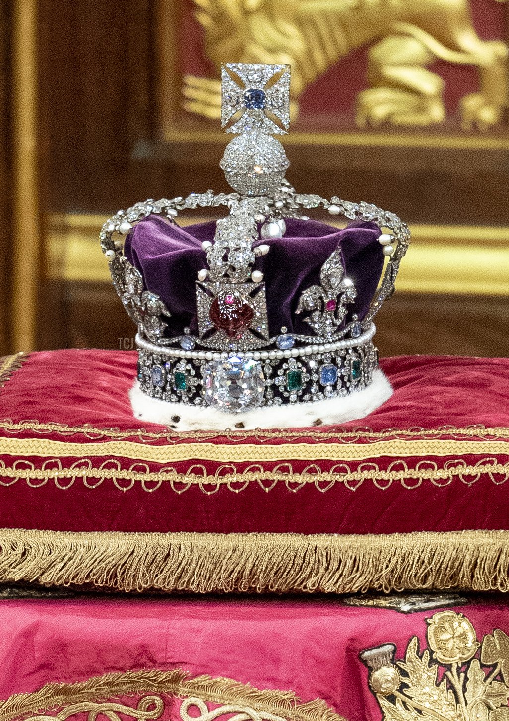 The Imperial Crown pictured as Prince Charles, Prince of Wales reads the Queen's speech in the House of Lords Chamber, during the State Opening of Parliament in the House of Lords at the Palace of Westminster on May 10, 2022 in London, England