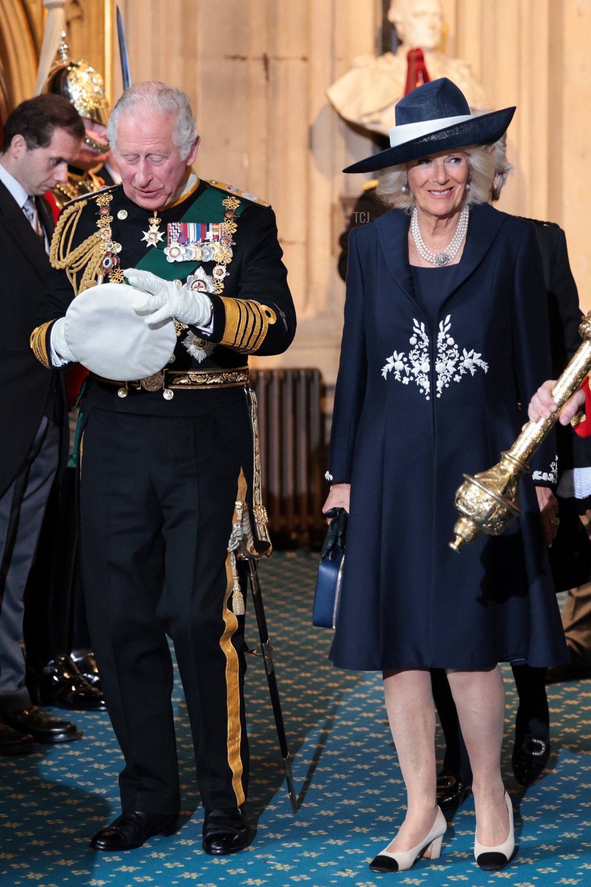 Prince Charles, Prince of Wales and Camilla, Duchess of Cornwall depart from the Sovereign's Entrance after attending the State Opening of Parliament at Houses of Parliament on May 10, 2022 in London, England