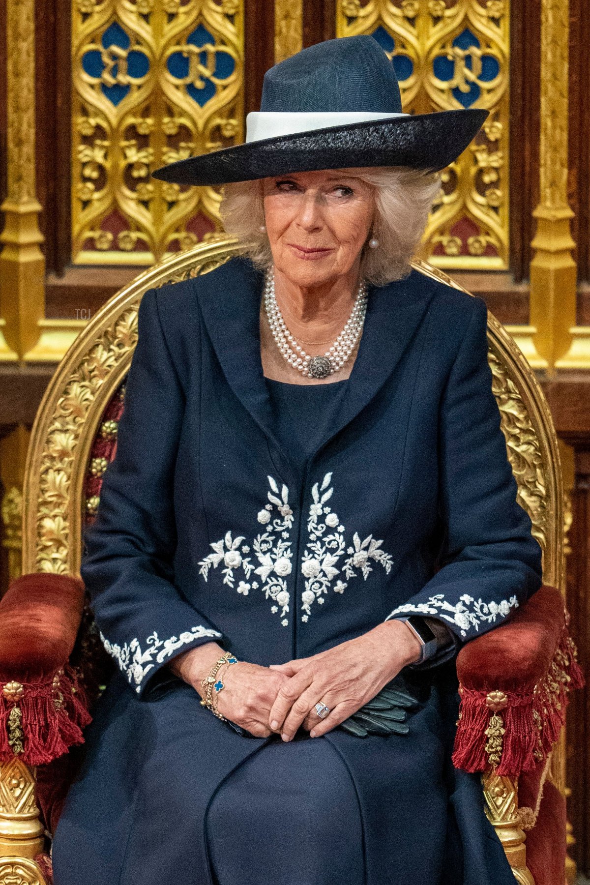 Britain's Camilla, Duchess of Cornwall, listens to the Queen's Speech, in the House of Lords chamber, during the State Opening of Parliament, at the Houses of Parliament, in London, on May 10, 2022