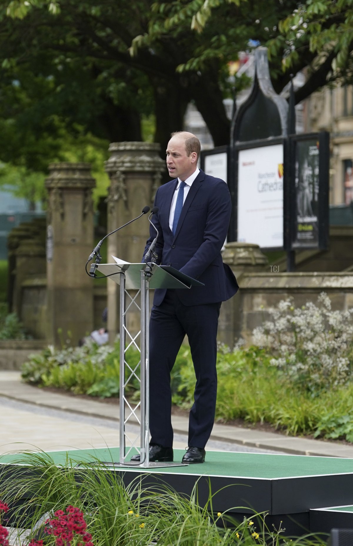 Prince William, Duke of Cambridge gives a speech as he and his wife Catherine, Duchess Of Cambridge attend the launch of the Glade of Light Memorial, outside Manchester Cathedral on May 10, 2022 in Manchester, England