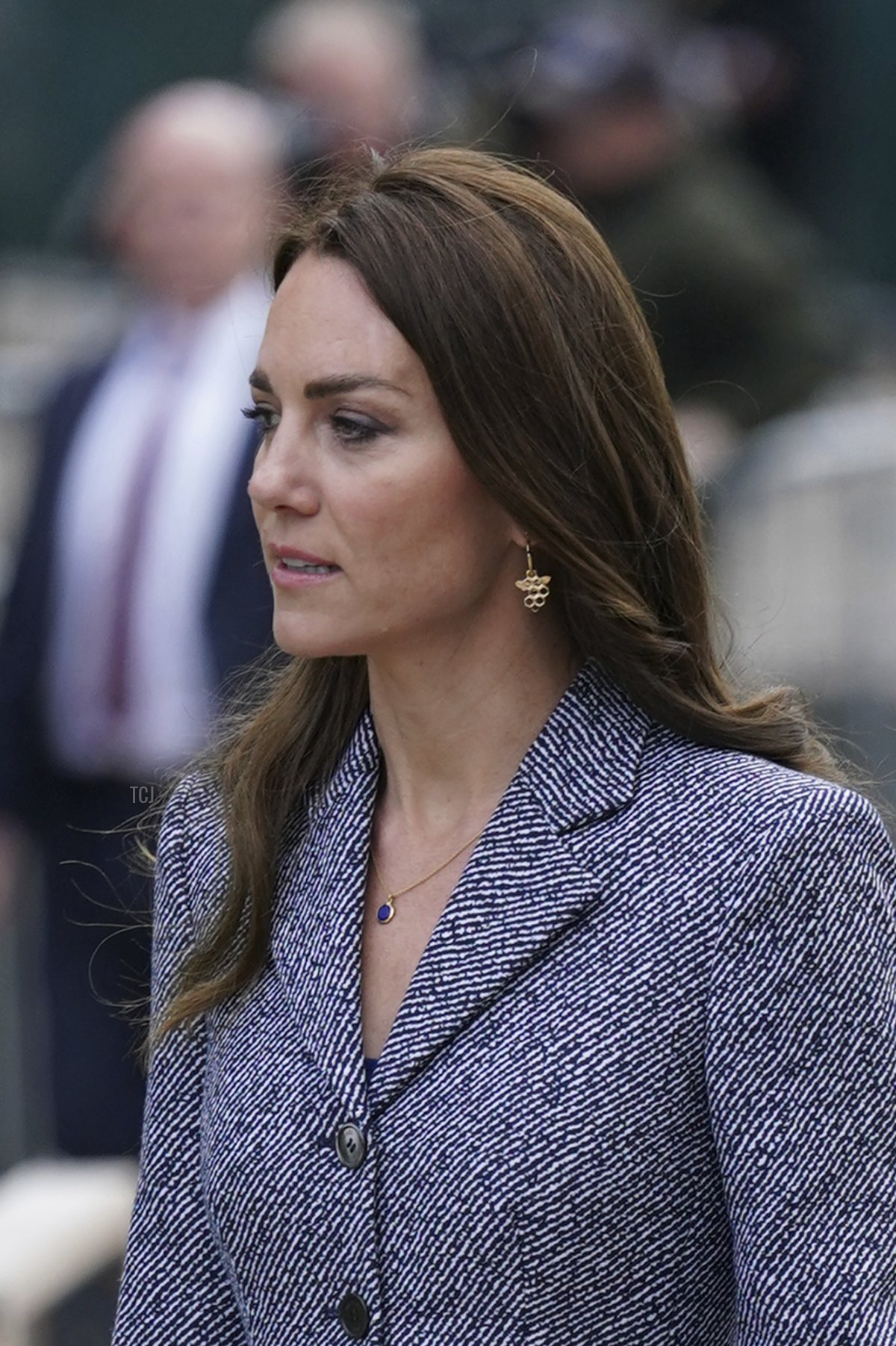 Catherine, Duchess Of Cambridge wears a bee earring design, which is a symbol of Manchester, as she arrives with her husband Prince William, Duke of Cambridge to attend the launch of the Glade of Light Memorial, outside Manchester Cathedral on May 10, 2022 in Manchester, England