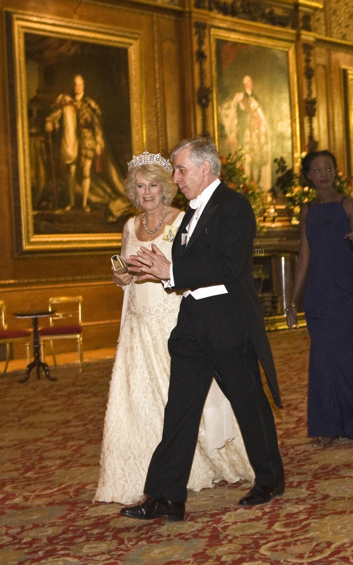 The Duchess of Cornwall, Britain's minister of justice Jack Straw, French Junior minister responsible for foreign affairs and human rights Rama Yade and Prince Andrew walk to a royal diner on March 26, 2008 at Windsor Castle