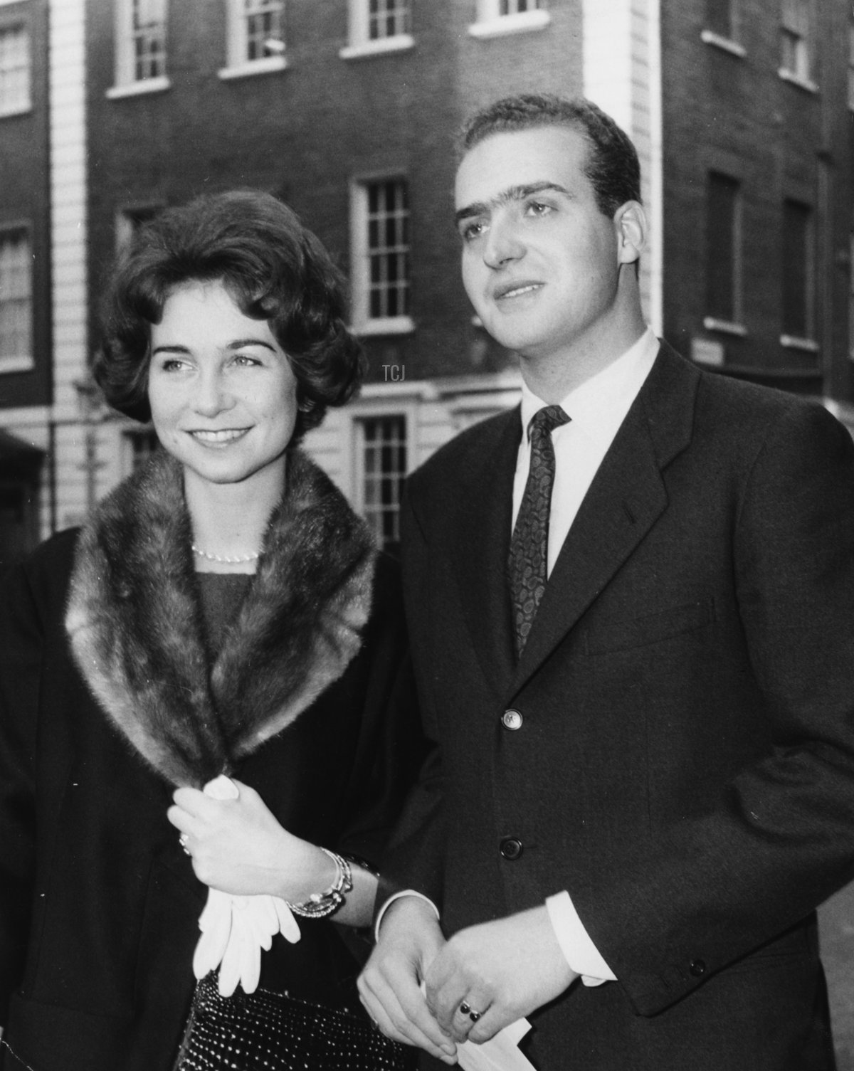 Princess Sophia of Greece and her fiance Don Juan Carlos pictured as they leave Claridge's Hotel, London, February 2nd 1962